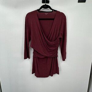 Garnet Hill Womens Top Large Wine V Neck Stretchy Casual Ruched 3/4 Sleeves Knit